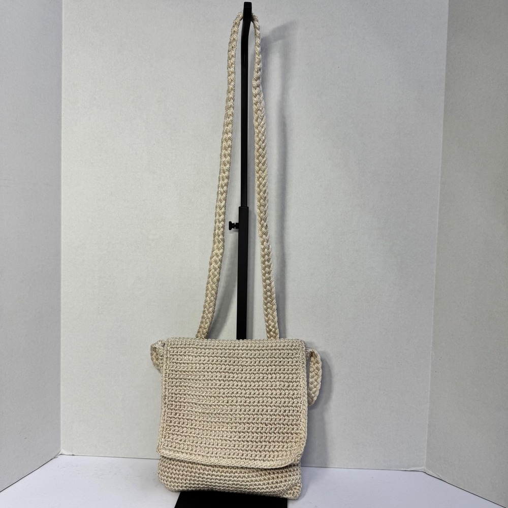 The Sak Cream Crochet Crossbody Flap Bag Braided Strap Messenger Purse Boho